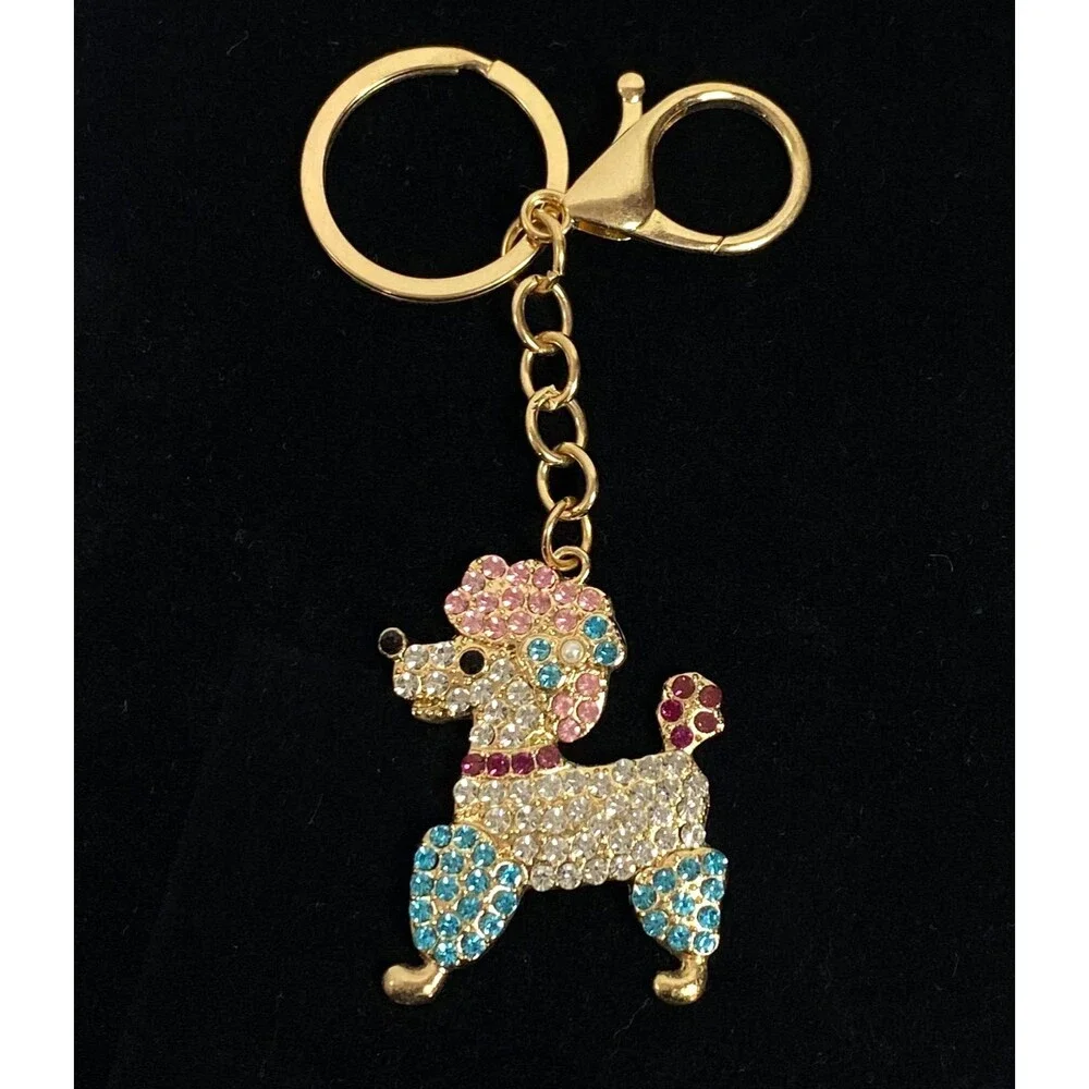 Poodle Rhinestone Keychain Bag Charm Blue Pink Multicolor Gold Tone Metal New